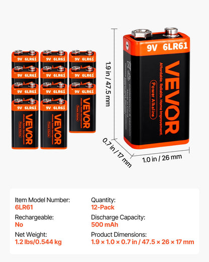 9V Alkaline Batteries, 12-Pack, 9 Volt Square Battery for Smoke Detector, 10-Year Shelf Life, Long Lasting, All-Purpose, for Fire Alarm, Household Office Business Devices, Electronics & Audio
