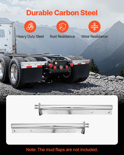 Chrome Straight Spring Loaded Mud Flap Hangers, 1-1/8" Bolt Spacing Mudflap Hangers for Semi Trucks, 1 Pair Heavy Duty Semi Truck Mud Flap Hanger Set with Reflective Strips, Silver