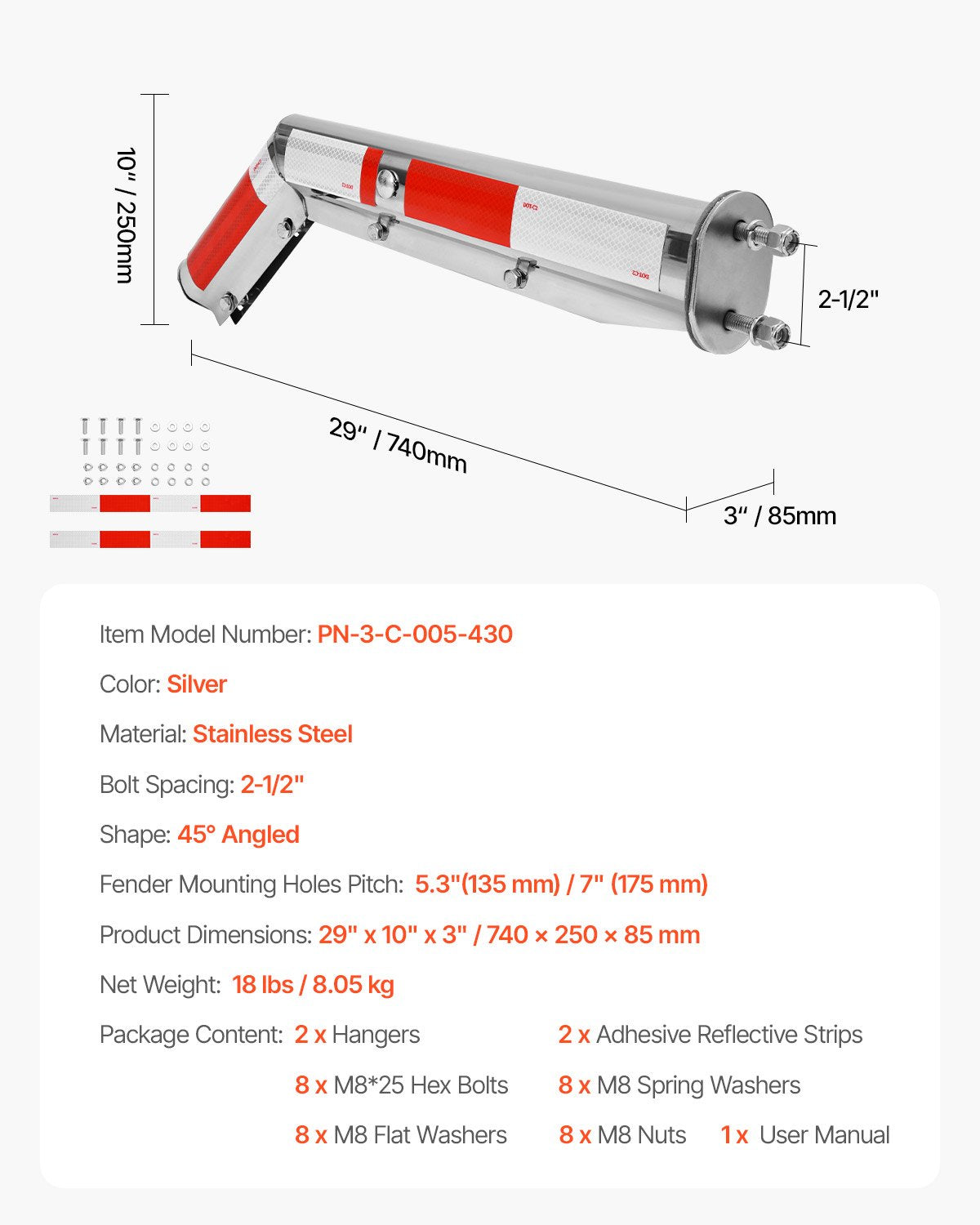 Stainless Steel Angled Spring Loaded Mud Flap Hangers, 2-1/2" Bolt Spacing Mudflap Hangers for Semi Trucks, 1 Pair Heavy Duty Semi Truck Mud Flap Hanger Set with Reflective Strips, Silver