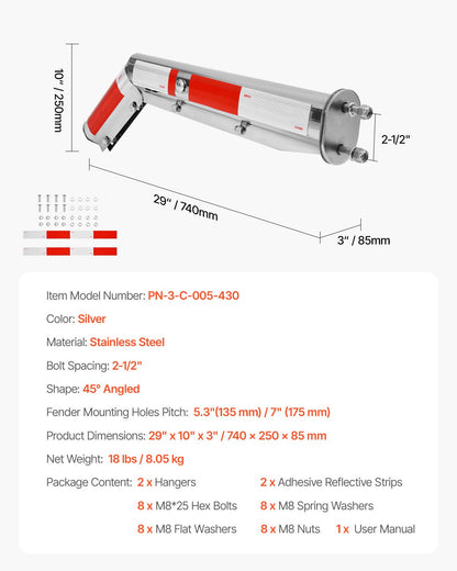 Stainless Steel Angled Spring Loaded Mud Flap Hangers, 2-1/2" Bolt Spacing Mudflap Hangers for Semi Trucks, 1 Pair Heavy Duty Semi Truck Mud Flap Hanger Set with Reflective Strips, Silver