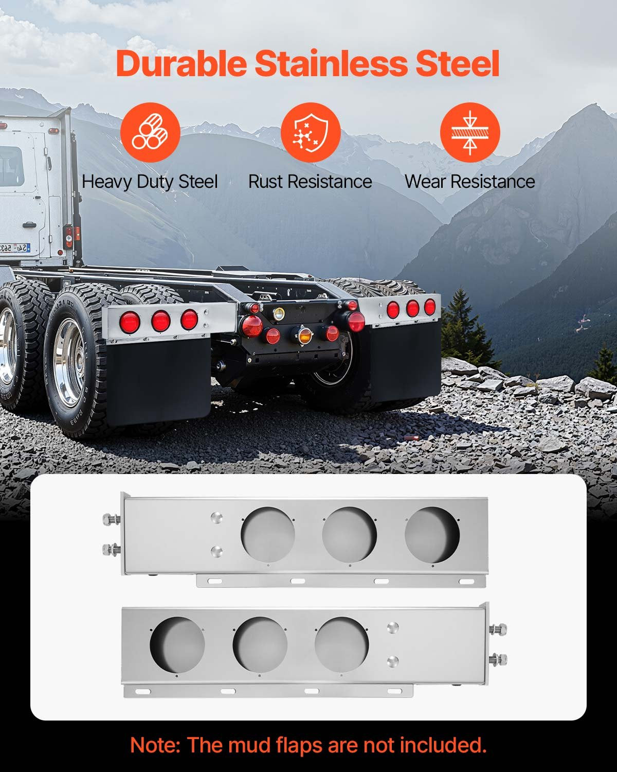 Stainless Steel Mud Flap Hangers with Light Cutouts, 2-1/2" Bolt Spacing, Spring Loaded Mudflap Hangers for Semi Trucks, 1 Pair Heavy Duty Semi Truck Mud Flap Hanger Set, Silver