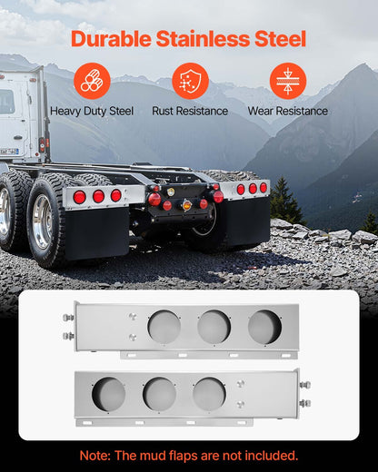 Stainless Steel Mud Flap Hangers with Light Cutouts, 2-1/2" Bolt Spacing, Spring Loaded Mudflap Hangers for Semi Trucks, 1 Pair Heavy Duty Semi Truck Mud Flap Hanger Set, Silver