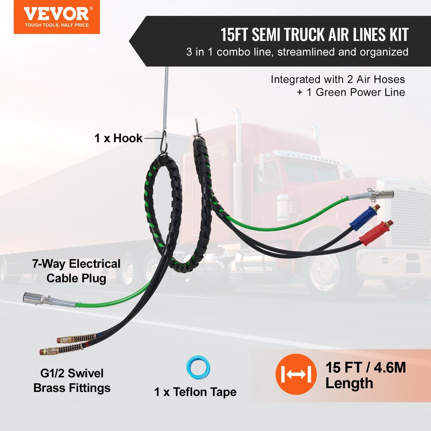 12FT Semi Truck Air Lines Kit 3-i-1 luftslangar och 7-vägsplugg ABS Power Line