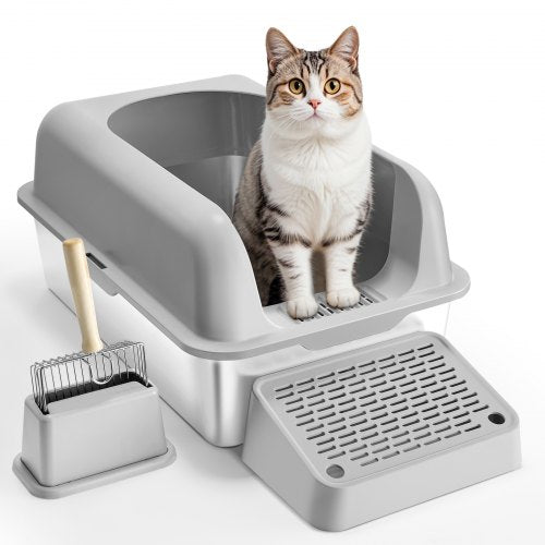 Cat Litter Box, 6 inches Deep, XL Extra Large Stainless Steel Cat Litter Box with Scoop, Wide Filtering Foot Board & High Sides, Enclosed Odor-Free Easy-to-Clean Litter Box, Fit for Big Cats