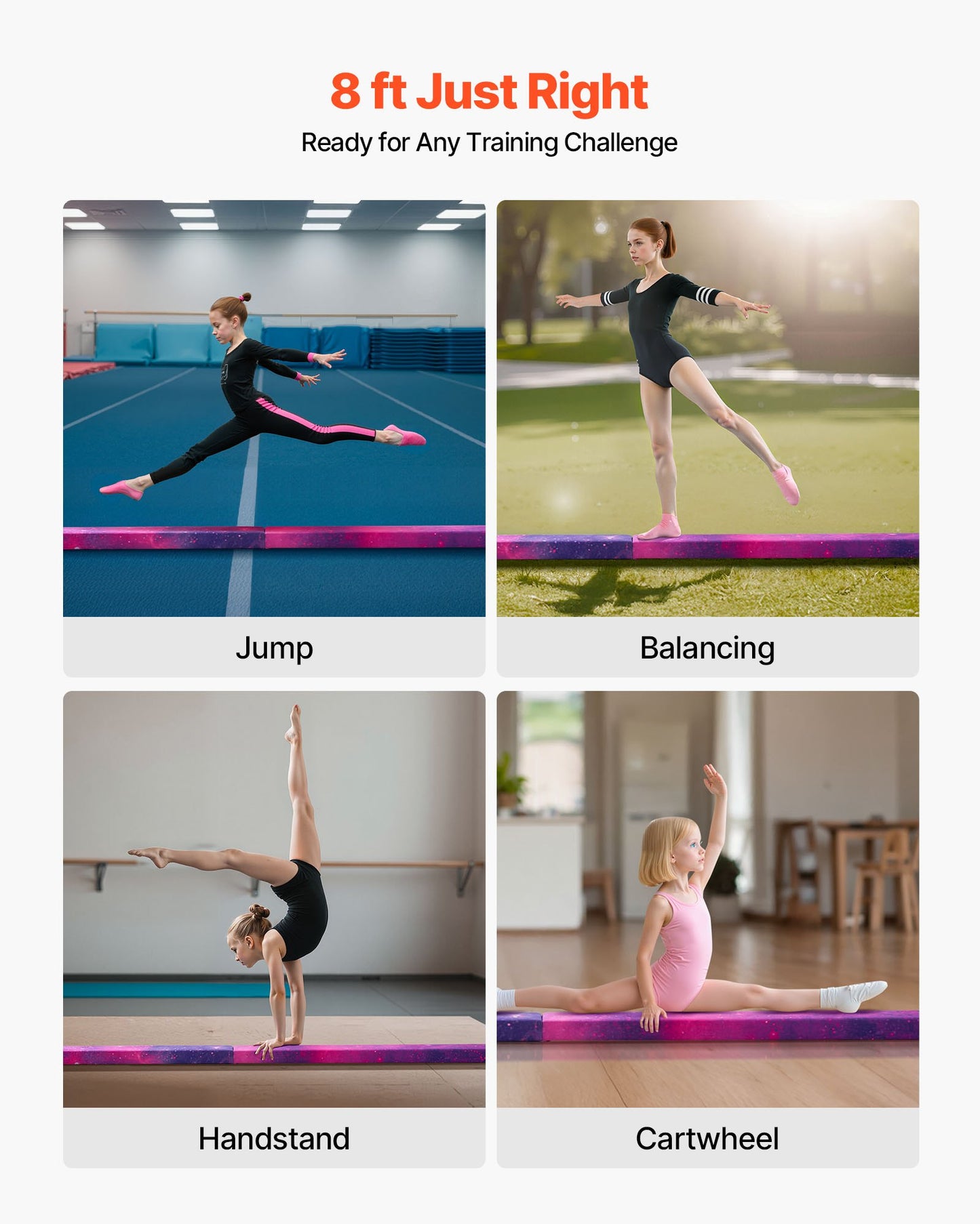 8FT Folding Balance Beam for Kids, 300LBS Stable Support Gymnastics Floor Beam with Non-Slip Mat, Wood-Core Gymnastics Training Equipment with Anti-Slip Bottom & Carry Bag for Home Gym, Galaxy