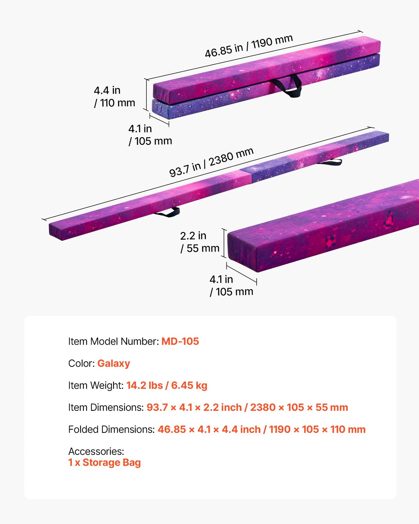 8FT Folding Balance Beam for Kids, 300LBS Stable Support Gymnastics Floor Beam with Non-Slip Mat, Wood-Core Gymnastics Training Equipment with Anti-Slip Bottom & Carry Bag for Home Gym, Galaxy