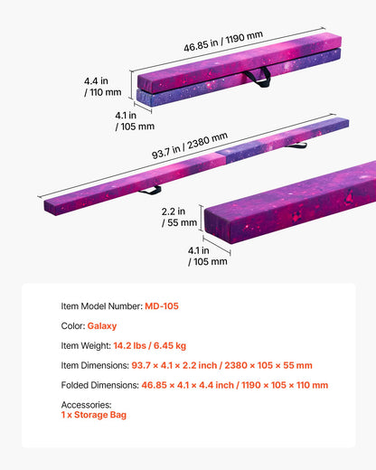 8FT Folding Balance Beam for Kids, 300LBS Stable Support Gymnastics Floor Beam with Non-Slip Mat, Wood-Core Gymnastics Training Equipment with Anti-Slip Bottom & Carry Bag for Home Gym, Galaxy