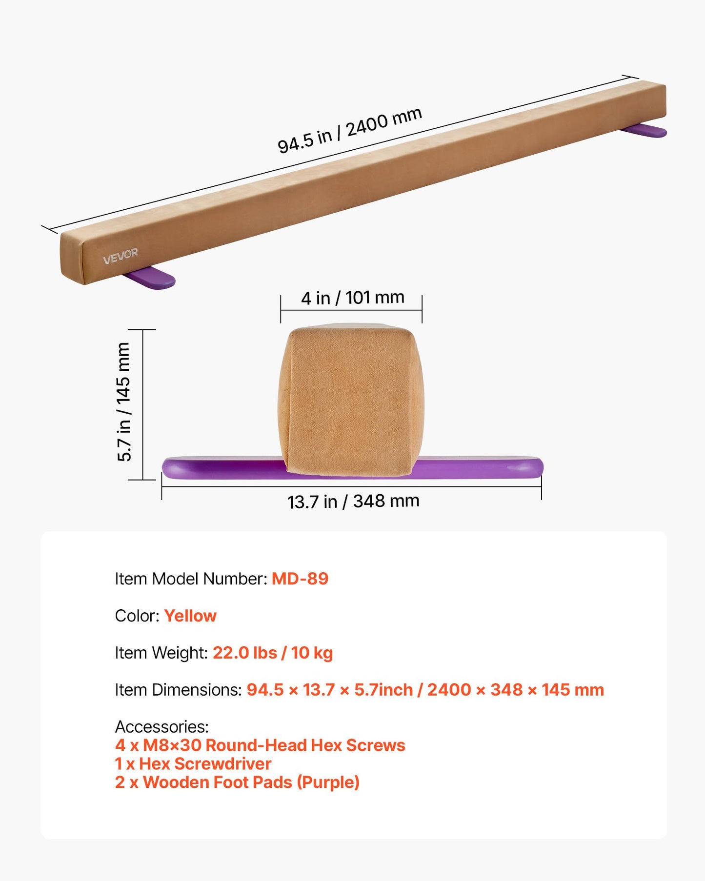 8FT Balance Beam for Kids, 350 LBS Stable Support Gymnastics Floor Beam with Non-Slip Wooden Mats, Wood-Core Gymnastics Training Equipment with Anti-Slip Bottom for Home and Gym, Yellow