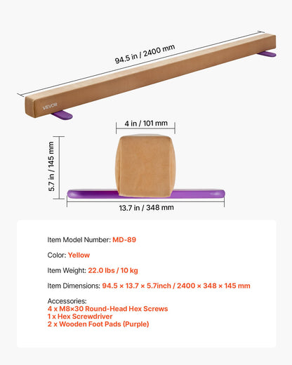 8FT Balance Beam for Kids, 350 LBS Stable Support Gymnastics Floor Beam with Non-Slip Wooden Mats, Wood-Core Gymnastics Training Equipment with Anti-Slip Bottom for Home and Gym, Yellow