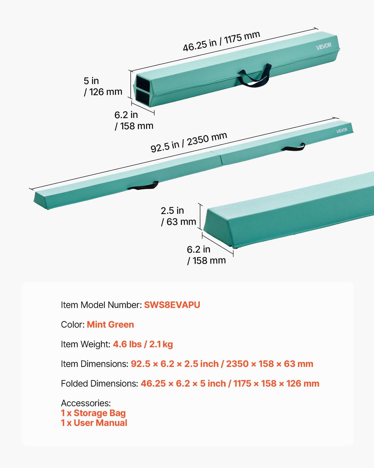 8FT Folding Balance Beam for Kids, 200LBS Stable Support Gymnastics Floor Beam with Non-Slip Mats, Gymnastics Training Equipment with Anti-Slip Bottom and Carrying Bag for Home Gym, Mint Green