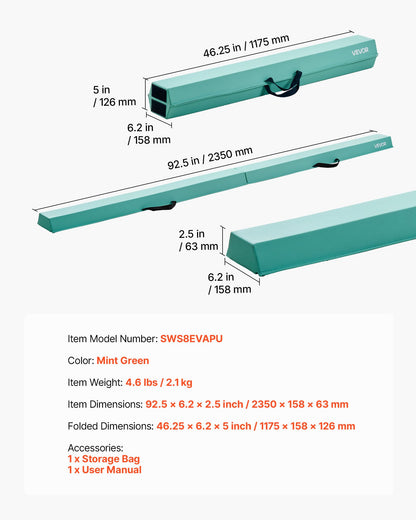 8FT Folding Balance Beam for Kids, 200LBS Stable Support Gymnastics Floor Beam with Non-Slip Mats, Gymnastics Training Equipment with Anti-Slip Bottom and Carrying Bag for Home Gym, Mint Green