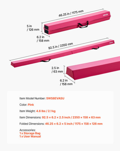 8FT Folding Balance Beam for Kids, 200LBS Stable Support Gymnastics Floor Beam with Non-Slip Mats, Gymnastics Training Equipment with Anti-Slip Bottom and Carrying Bag for Home Gym, Pink