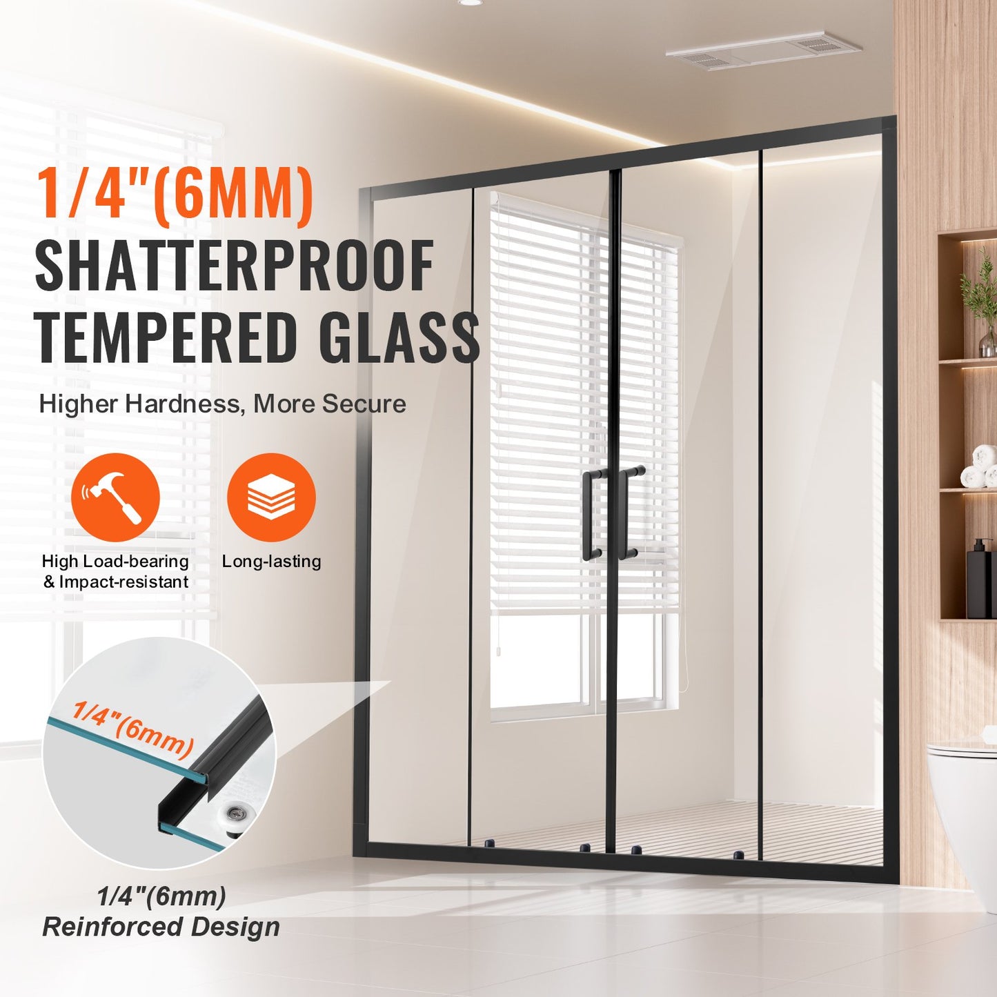 Semi-frameless Shower Door, 57.8-59 W x 70 H in, Double Sliding Glass Door with 1/4 in(6mm) Clear Tempered Glass, Waterproof Shatterproof Stainproof with Stainless Steel Hardware, Matte Black