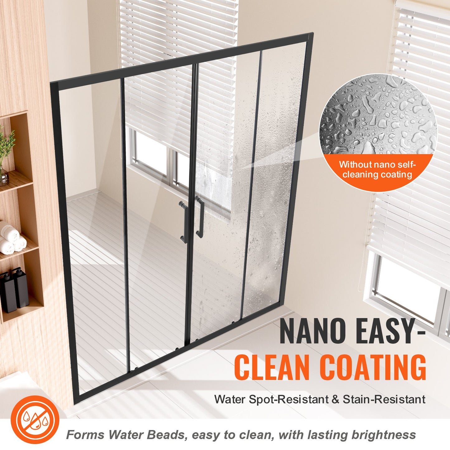 Semi-frameless Shower Door, 57.8-59 W x 70 H in, Double Sliding Glass Door with 1/4 in(6mm) Clear Tempered Glass, Waterproof Shatterproof Stainproof with Stainless Steel Hardware, Matte Black