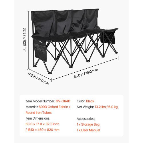 Bärbar Hopfällbar Bänk, 4-sits Hopfällbar Fotbollsbänk med Sidofickor och Bärväska, Lätt Sidosittplats med Ryggstöd för Fotboll, Baseboll, Camping, Utomhusevenemang, Svart |  EU