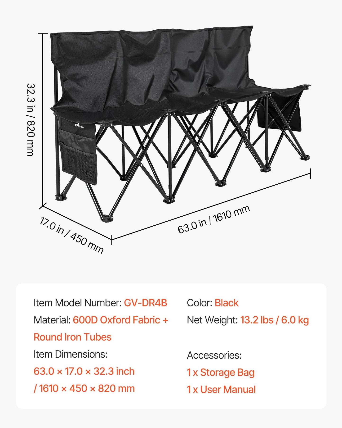 Portable Folding Bench, 4 Seat Foldable Soccer Bench with Side Pockets and Carrying Bag, Lightweight Sideline Seating with Back Rest for Football, Baseball, Camping, Outdoor Events, Black