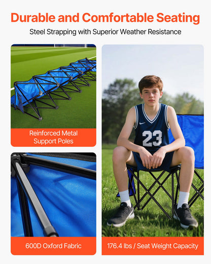 Portable Folding Bench, 6 Seat Foldable Soccer Bench with Side Pockets and Carrying Bag, Lightweight Sideline Seating with Back Rest for Football, Baseball, Camping, Outdoor Events, Blue