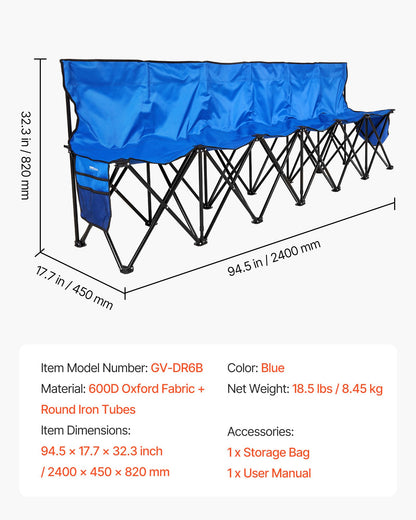 Portable Folding Bench, 6 Seat Foldable Soccer Bench with Side Pockets and Carrying Bag, Lightweight Sideline Seating with Back Rest for Football, Baseball, Camping, Outdoor Events, Blue