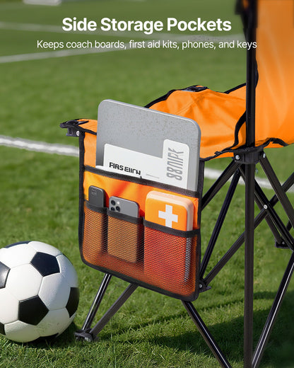 Portable Folding Bench, 6 Seat Foldable Soccer Bench with Side Pockets and Carrying Bag, Lightweight Sideline Seating with Back Rest for Football, Baseball, Camping, Outdoor Events, Orange