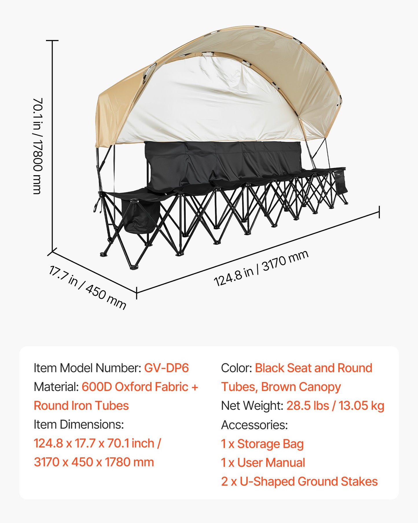 Portable Folding Bench, 6 Seat Soccer Bench with Storage Pockets Cup Holders & Carrying Bag, Lightweight Sideline Seating with Sunshade for Football, Baseball, Camping, Outdoor Events, Black