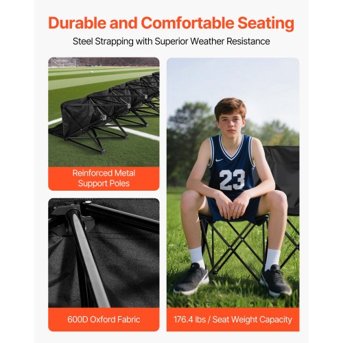 Bärbar Hopfällbar Bänk, 6-sits Fotbollsbänk med Flera Förvaringsfickor och Bärväska, Lätt Sidlinjesittplats med Ryggstöd för Fotboll, Baseboll, Camping, Utomhusevenemang, Svart |  EU