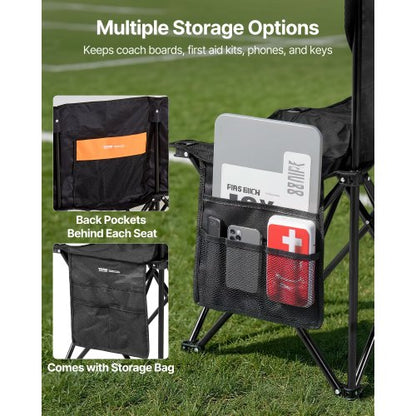Bärbar Hopfällbar Bänk, 6-sits Fotbollsbänk med Flera Förvaringsfickor och Bärväska, Lätt Sidlinjesittplats med Ryggstöd för Fotboll, Baseboll, Camping, Utomhusevenemang, Svart |  EU