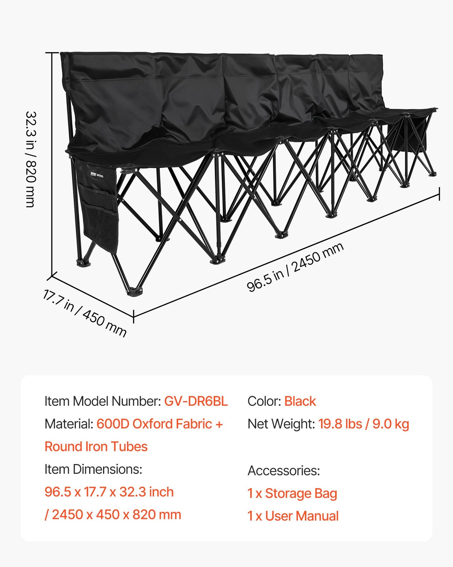 Portable Folding Bench, 6 Seat Soccer Bench with Multiple Storage Pockets & Carrying Bag, Lightweight Sideline Seating with Back Rest for Football, Baseball, Camping, Outdoor Events, Black