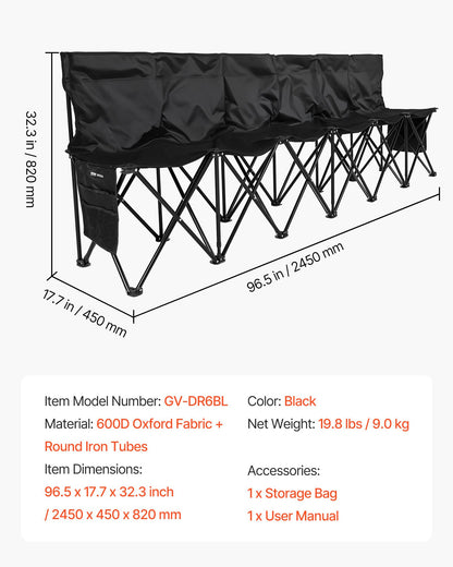 Portable Folding Bench, 6 Seat Soccer Bench with Multiple Storage Pockets & Carrying Bag, Lightweight Sideline Seating with Back Rest for Football, Baseball, Camping, Outdoor Events, Black