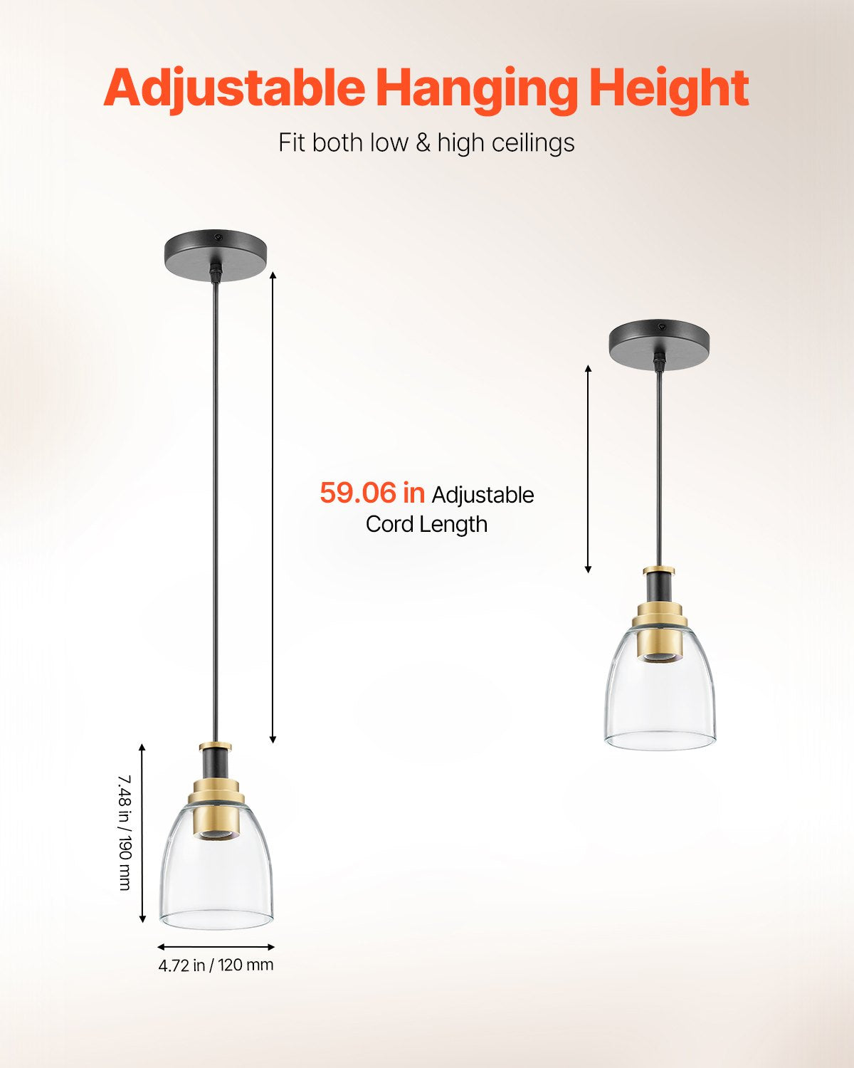 1-Light Pendant Light, 2 Pack, Kitchen Island Lights with Clear Glass Shade & Hanging Cord, Black and Gold Finish, Adjustable Height, Pendant Lighting for Bedroom, Hallway, Entryway, Kitchen