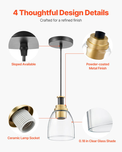 1-Light Pendant Light, 2 Pack, Kitchen Island Lights with Clear Glass Shade & Hanging Cord, Black and Gold Finish, Adjustable Height, Pendant Lighting for Bedroom, Hallway, Entryway, Kitchen