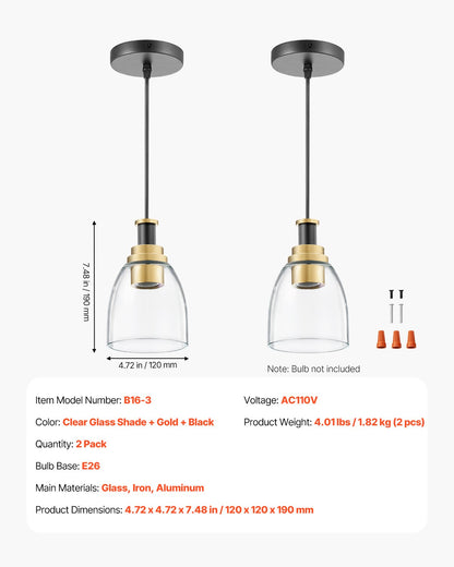 1-Light Pendant Light, 2 Pack, Kitchen Island Lights with Clear Glass Shade & Hanging Cord, Black and Gold Finish, Adjustable Height, Pendant Lighting for Bedroom, Hallway, Entryway, Kitchen