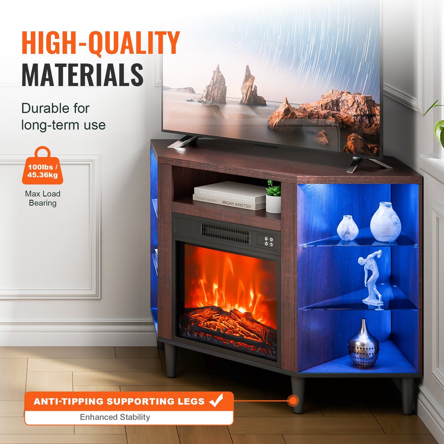 Electric Fireplace TV Stand, Corner TV Stand for TVs up to 50", Corner Console with 18" Fireplace, Vintage Design, 20 LED Lights, Remote Control & Timer for Living Room, Brown