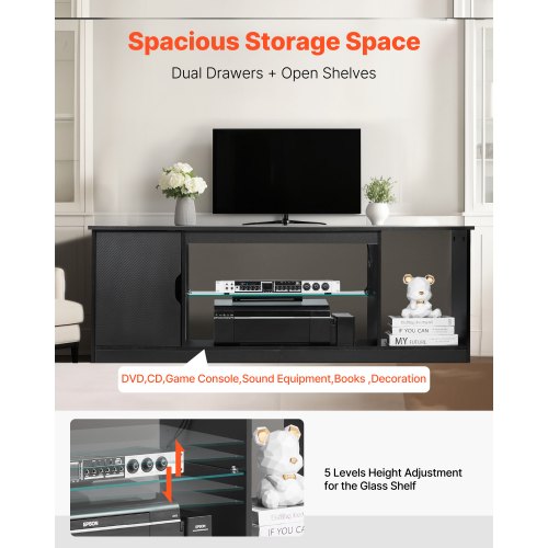 TV-stativ för TV-apparater upp till 65 i modernt underhållningscenter med glashylla