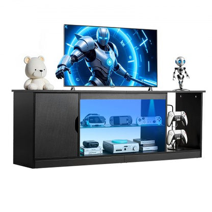 TV Stand for TVs up to 65 inch, Modern Entertainment Center with Light Strip, Wooden TV Cabinet Storage with Glass Shelf and Adjustable Shelves, Console Table for Living Room and Bedroom, Black