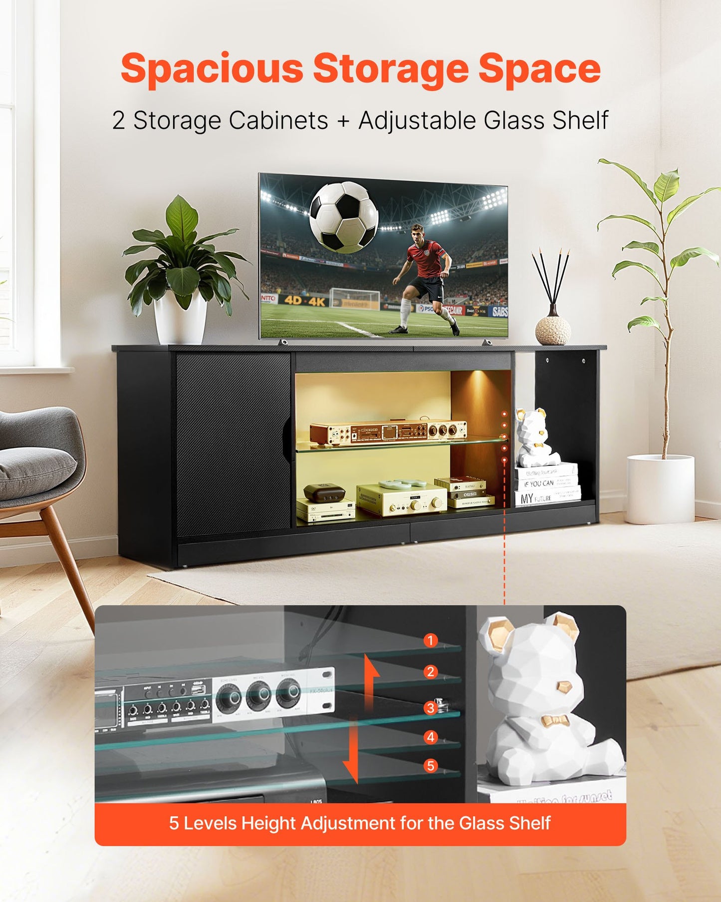 TV Stand for TVs up to 65 inch, Modern Entertainment Center with Light Strip, Wooden TV Cabinet Storage with Glass Shelf and Adjustable Shelves, Console Table for Living Room and Bedroom, Black