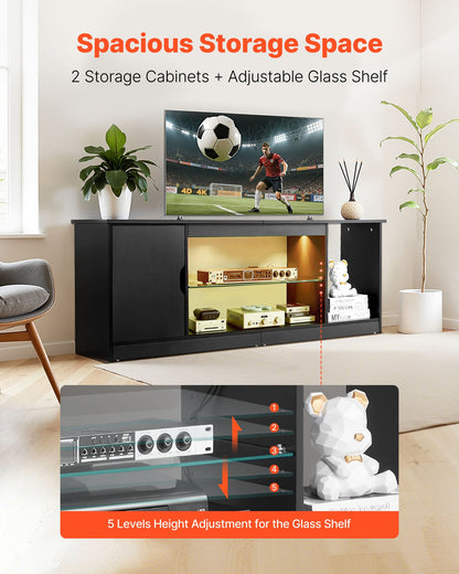 TV Stand for TVs up to 65 inch, Modern Entertainment Center with Light Strip, Wooden TV Cabinet Storage with Glass Shelf and Adjustable Shelves, Console Table for Living Room and Bedroom, Black