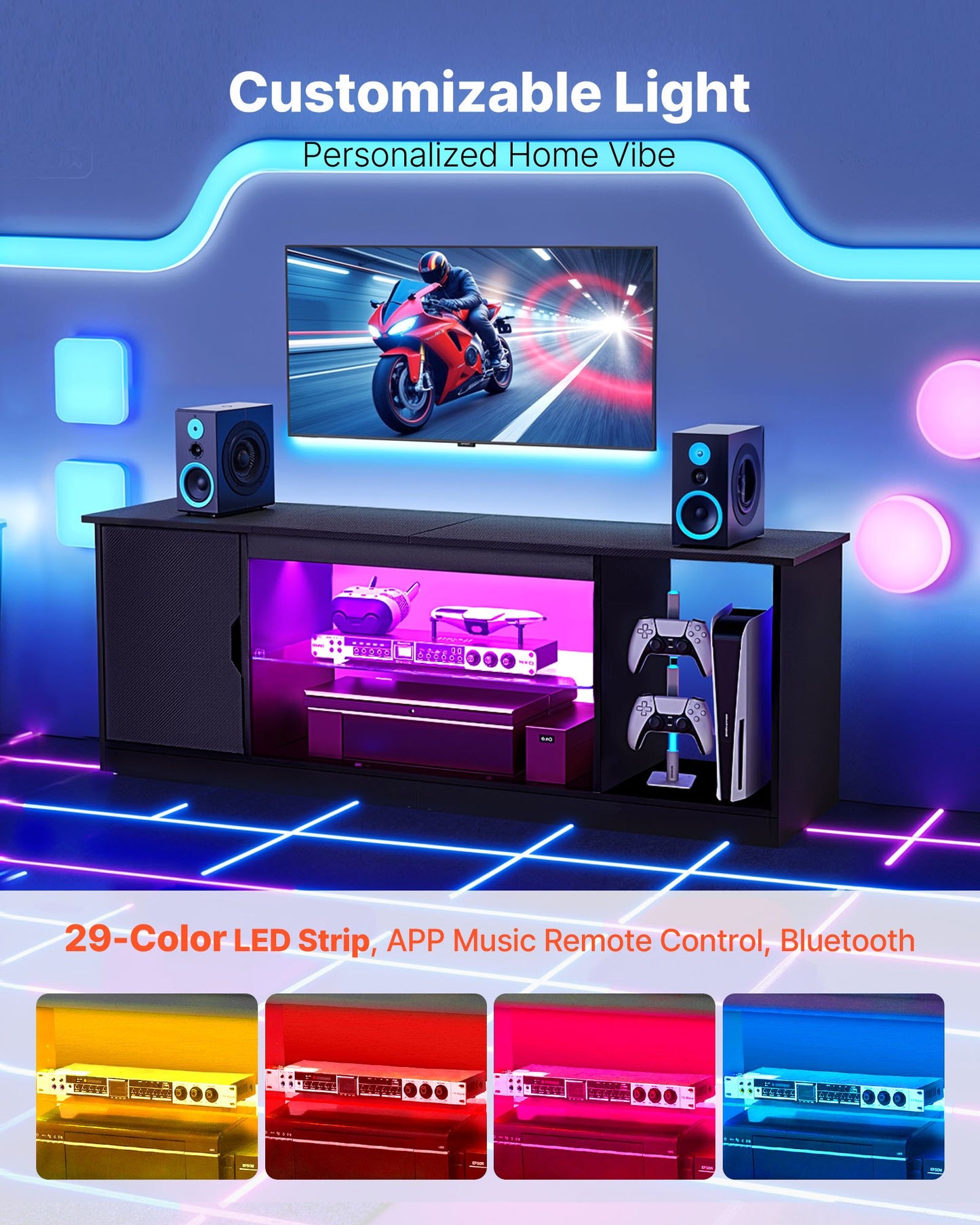 TV Stand for TVs up to 65 inch, Modern Entertainment Center with Light Strip, Wooden TV Cabinet Storage with Glass Shelf and Adjustable Shelves, Console Table for Living Room and Bedroom, Black