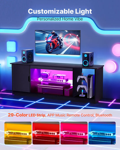 TV Stand for TVs up to 65 inch, Modern Entertainment Center with Light Strip, Wooden TV Cabinet Storage with Glass Shelf and Adjustable Shelves, Console Table for Living Room and Bedroom, Black