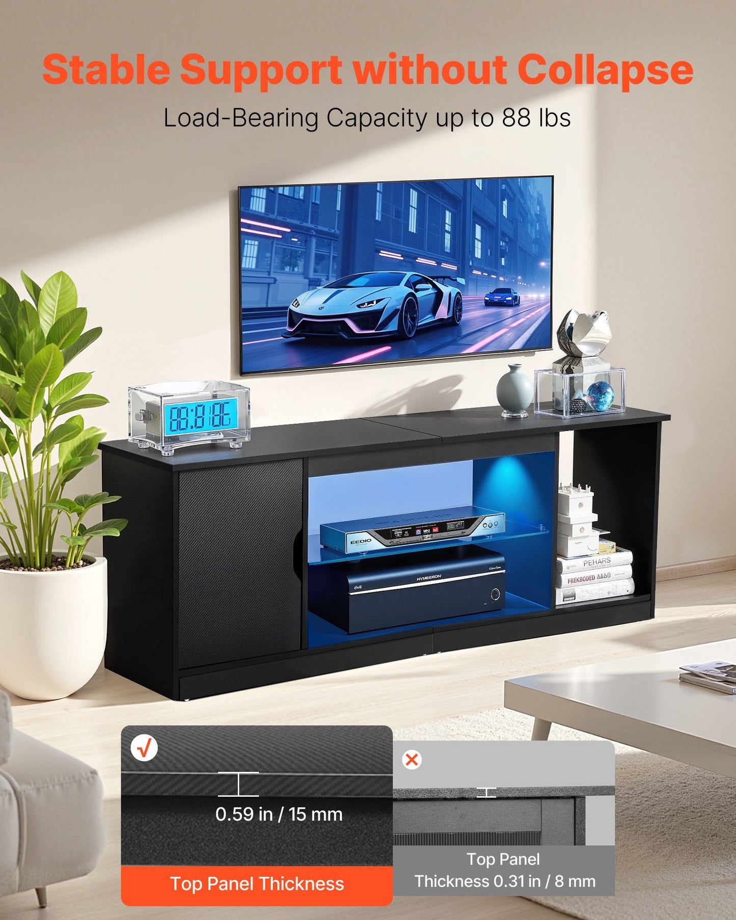 TV Stand for TVs up to 65 inch, Modern Entertainment Center with Light Strip, Wooden TV Cabinet Storage with Glass Shelf and Adjustable Shelves, Console Table for Living Room and Bedroom, Black