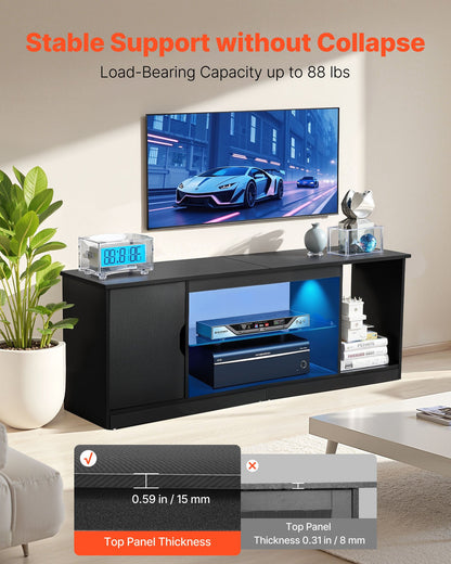 TV Stand for TVs up to 65 inch, Modern Entertainment Center with Light Strip, Wooden TV Cabinet Storage with Glass Shelf and Adjustable Shelves, Console Table for Living Room and Bedroom, Black