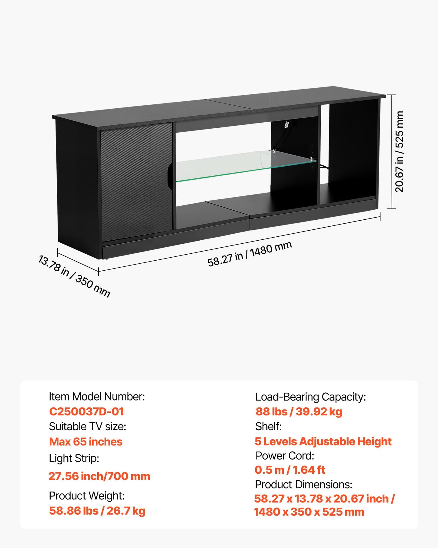 TV Stand for TVs up to 65 inch, Modern Entertainment Center with Light Strip, Wooden TV Cabinet Storage with Glass Shelf and Adjustable Shelves, Console Table for Living Room and Bedroom, Black