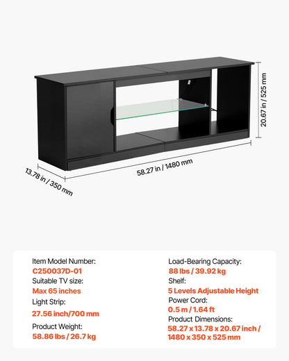 TV Stand for TVs up to 65 inch, Modern Entertainment Center with Light Strip, Wooden TV Cabinet Storage with Glass Shelf and Adjustable Shelves, Console Table for Living Room and Bedroom, Black