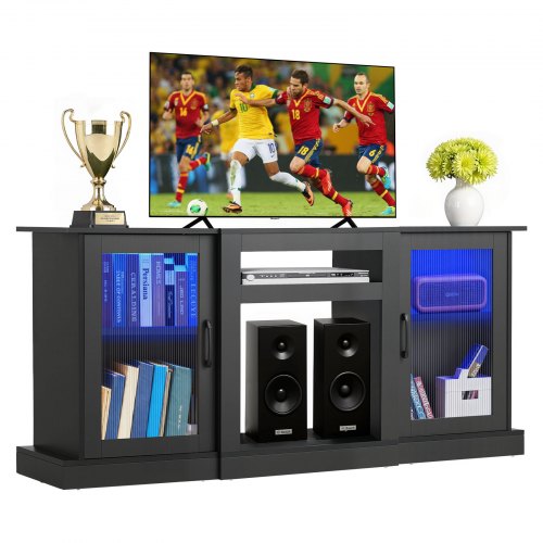 TV Stand for TVs up to 65 inch, Modern Entertainment Center with Light Strip, Wooden TV Cabinet Storage with Glass Doors and Adjustable Shelves, Console Table for Living Room and Bedroom, Black