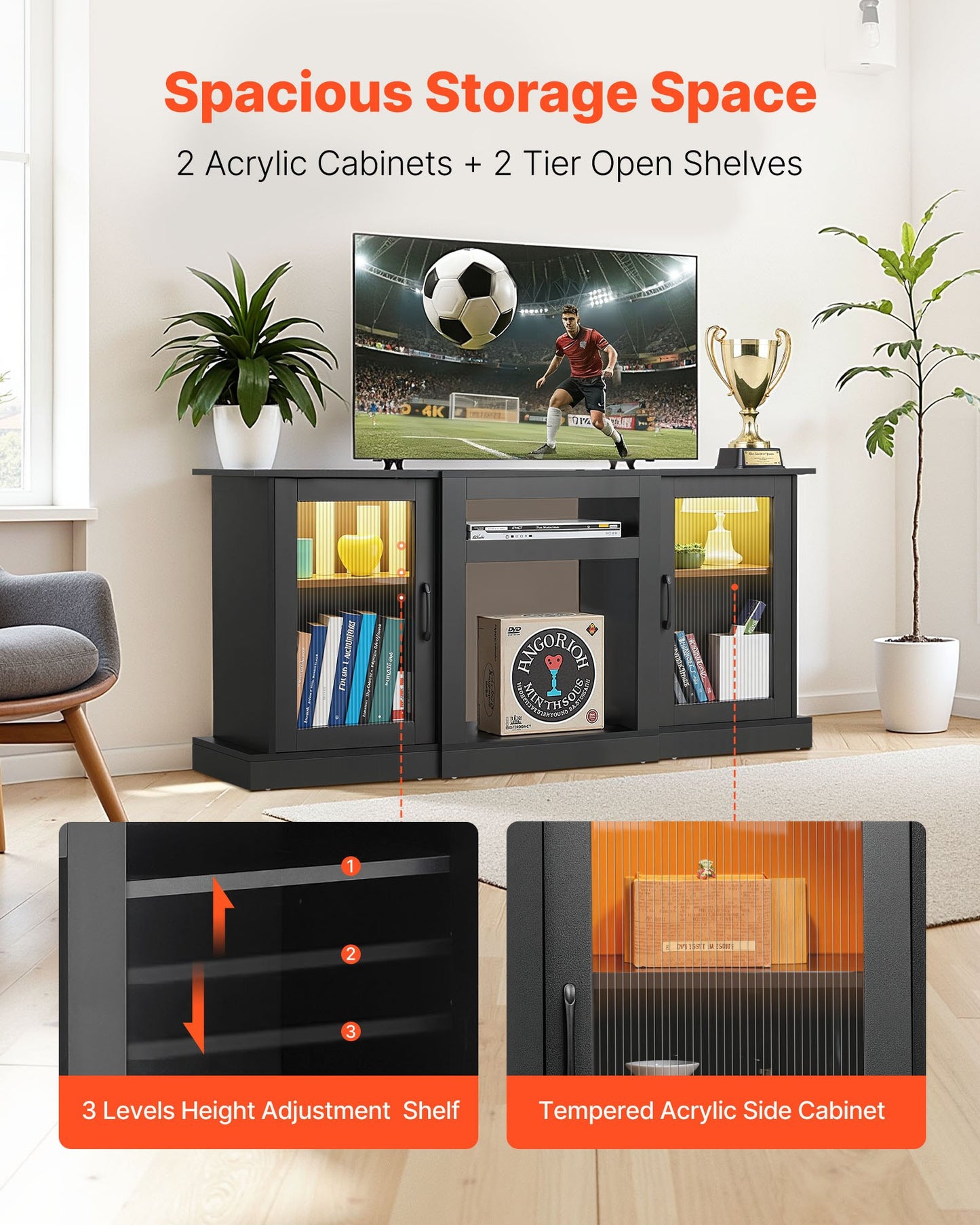 TV Stand for TVs up to 65 inch, Modern Entertainment Center with Light Strip, Wooden TV Cabinet Storage with Glass Doors and Adjustable Shelves, Console Table for Living Room and Bedroom, Black