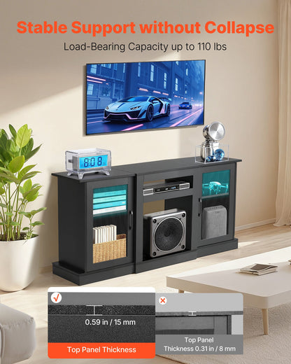TV Stand for TVs up to 65 inch, Modern Entertainment Center with Light Strip, Wooden TV Cabinet Storage with Glass Doors and Adjustable Shelves, Console Table for Living Room and Bedroom, Black