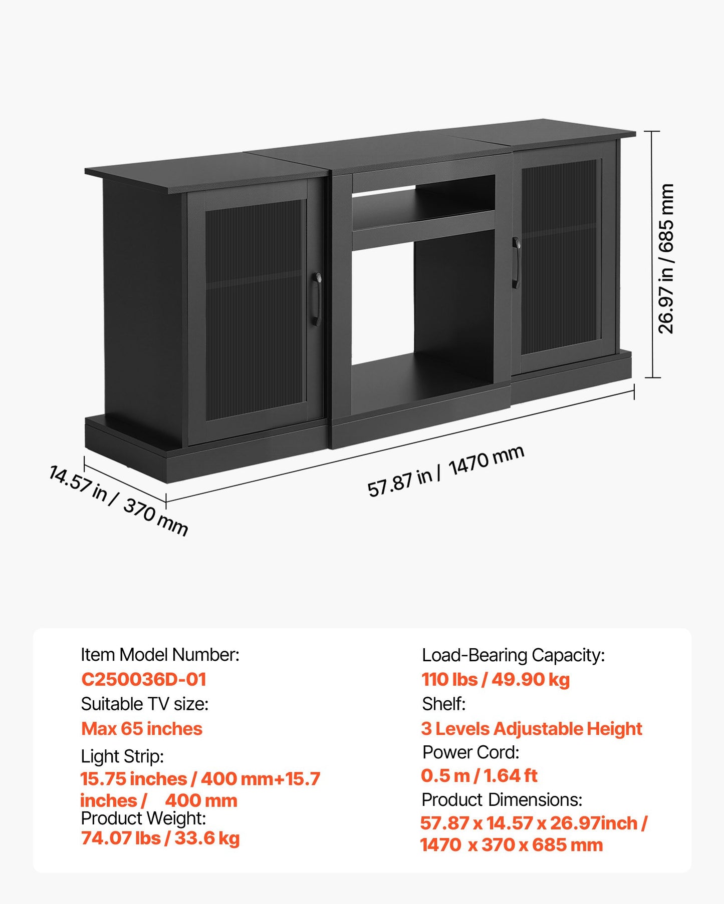 TV Stand for TVs up to 65 inch, Modern Entertainment Center with Light Strip, Wooden TV Cabinet Storage with Glass Doors and Adjustable Shelves, Console Table for Living Room and Bedroom, Black