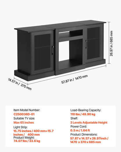 TV Stand for TVs up to 65 inch, Modern Entertainment Center with Light Strip, Wooden TV Cabinet Storage with Glass Doors and Adjustable Shelves, Console Table for Living Room and Bedroom, Black