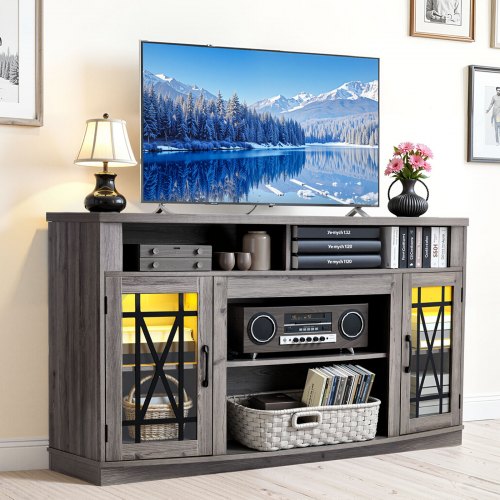 TV Stand for TVs up to 65 inch, Farmhouse Entertainment Center with Light Strip, Wooden TV Cabinet Storage with Glass Doors and Adjustable Shelves, Console Table for Living Room, Bedroom, Gray