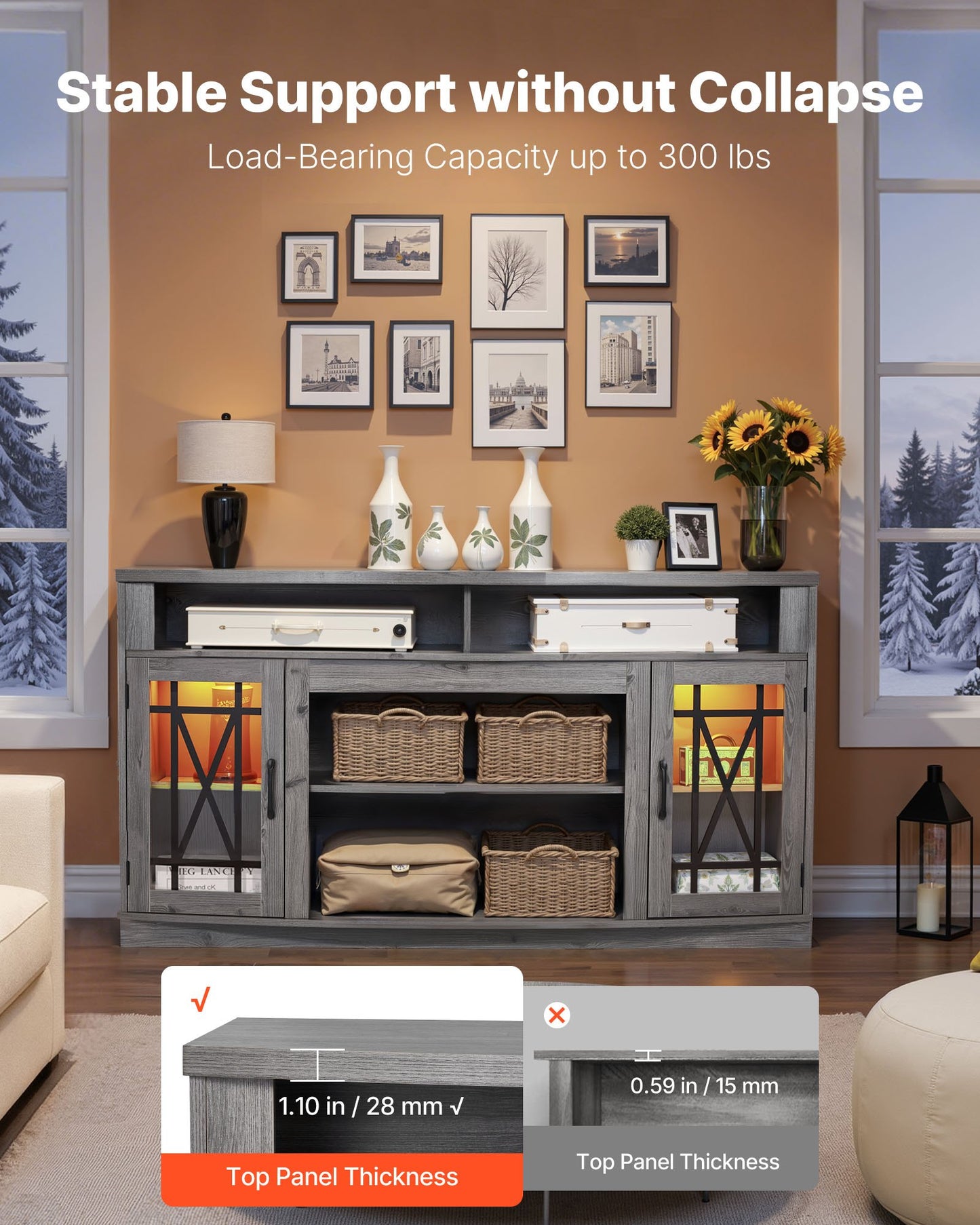 TV Stand for TVs up to 65 inch, Farmhouse Entertainment Center with Light Strip, Wooden TV Cabinet Storage with Glass Doors and Adjustable Shelves, Console Table for Living Room, Bedroom, Gray