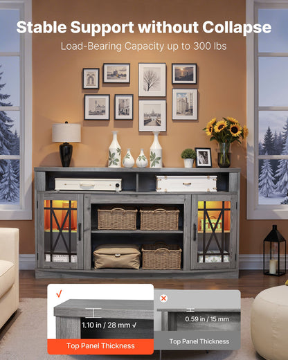 TV Stand for TVs up to 65 inch, Farmhouse Entertainment Center with Light Strip, Wooden TV Cabinet Storage with Glass Doors and Adjustable Shelves, Console Table for Living Room, Bedroom, Gray